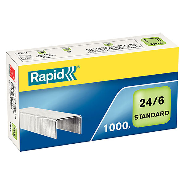 Box of Rapid 24/6mm staples, durable and comfort-designed for stapling up to 20 sheets, 1000 staples included.