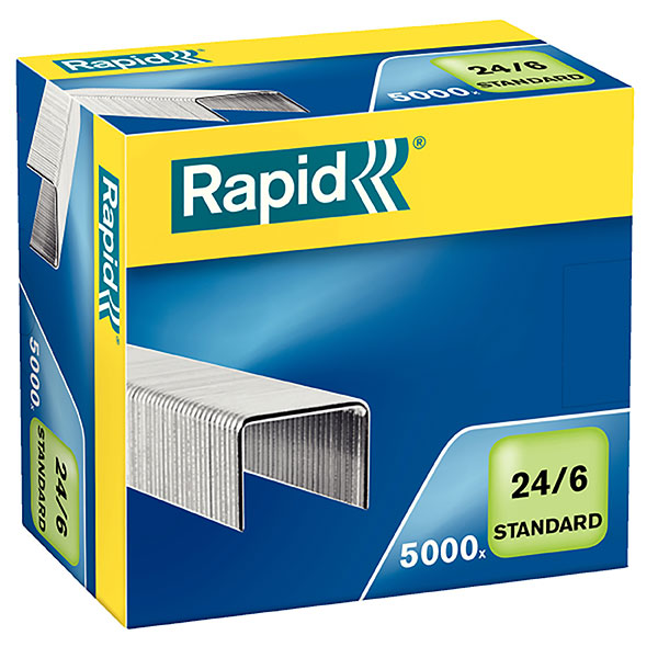 Premium Rapid Staples 24/6mm box contains 5000 strong, comfortable staples for efficient document management.