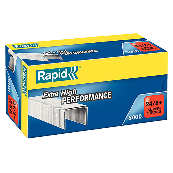 Box of 5000 Rapid 24/8mm heavy-duty staples designed for optimal performance and durability in stapling up to 50 sheets.