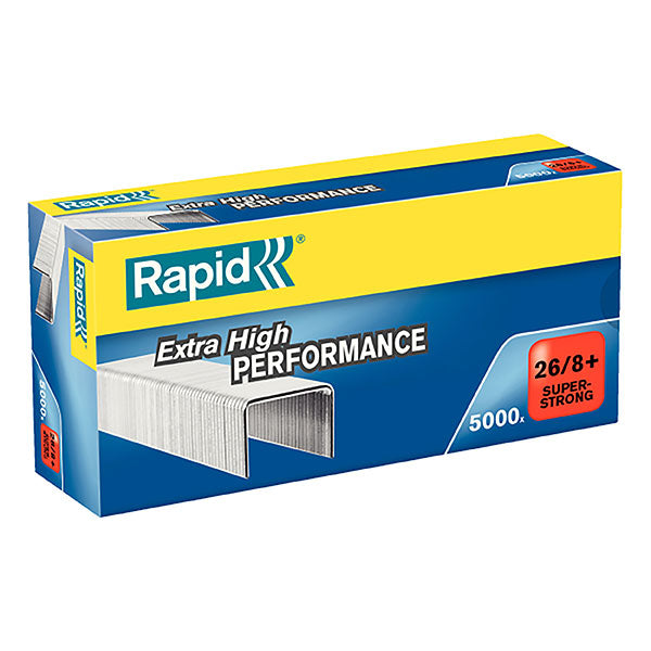 Rapid Staples 26/8mm box of 5000, designed for heavy-duty stapling of up to 50 sheets with sharp edges and galvanized wire.