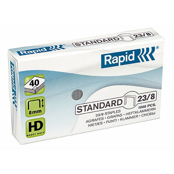 Box of 1000 Rapid Staples 23/8mm, strong galvanised staples for heavy-duty stapling up to 40 sheets, engineered for precision.