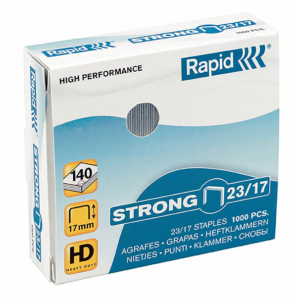 Box of 1000 Rapid Staples 23/17mm, heavy-duty, sharp-edged, for binding 60-140 sheets reliably.