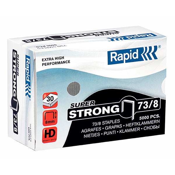 Heavy-duty Rapid Staples 73/8mm in a box of 5000, designed for high-volume stapling up to 30 sheets with precision.