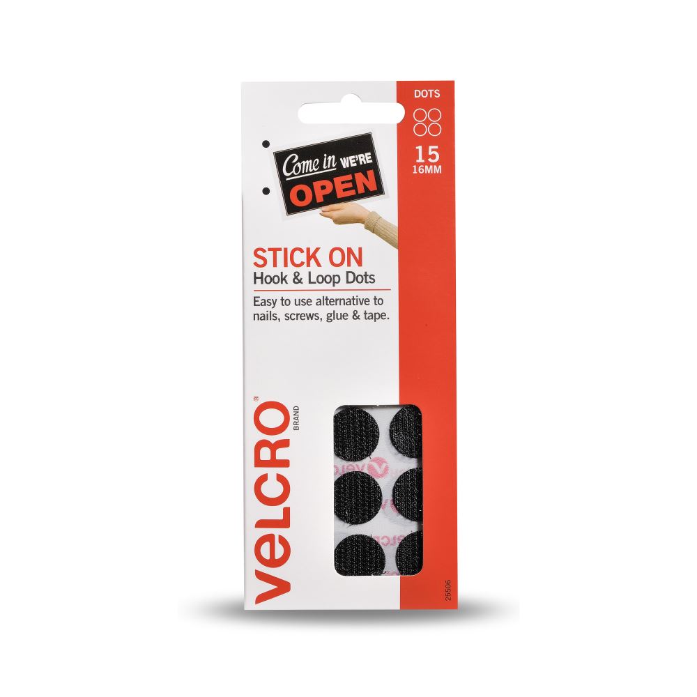 Black Velcro stick-on dots for easy mounting and organizing on smooth surfaces, perfect for home and office use.