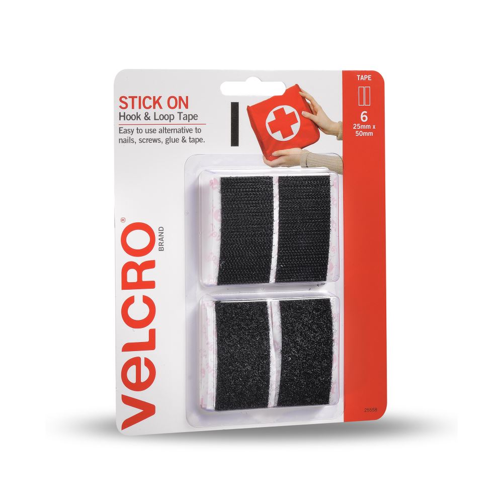 VELCRO®  Brand Stick On Hook &amp; Loop Fasteners Strips 6 X 25x50mm Black