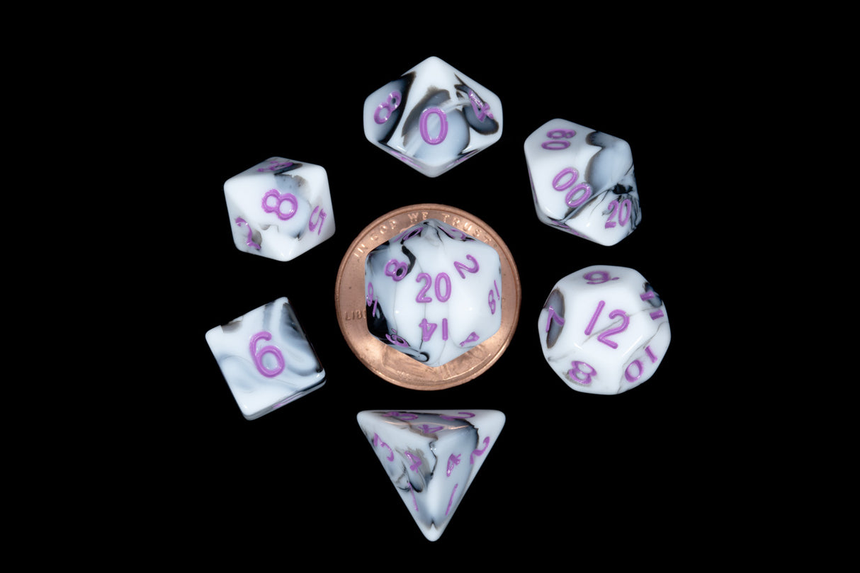 Fanroll: 10mm Mini Polyhedral Dice set: Marble w/ Purple Numbers