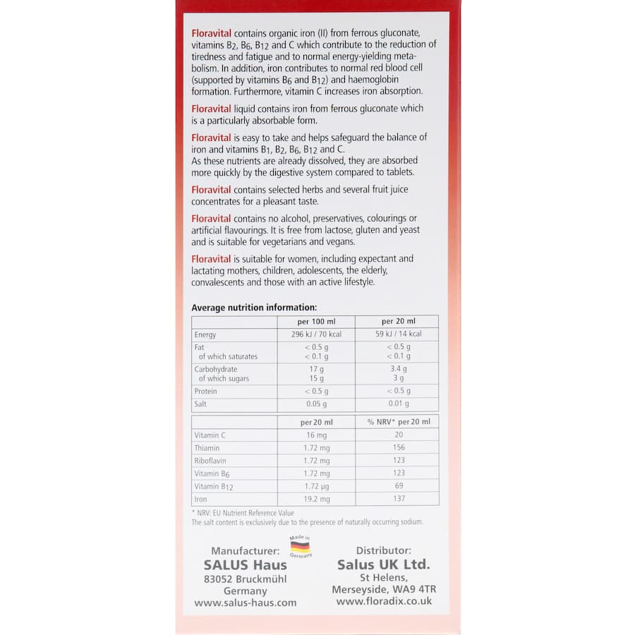 Floradix Floravital Iron & Vitamin Formula Vegan & Gluten Free Tonic 250mL