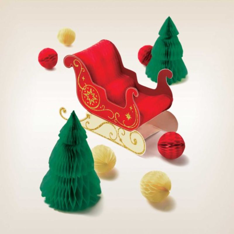 Christmas Sleigh Centrepiece Kit with a charming sleigh, festive trees, and colorful ornaments for holiday decor.