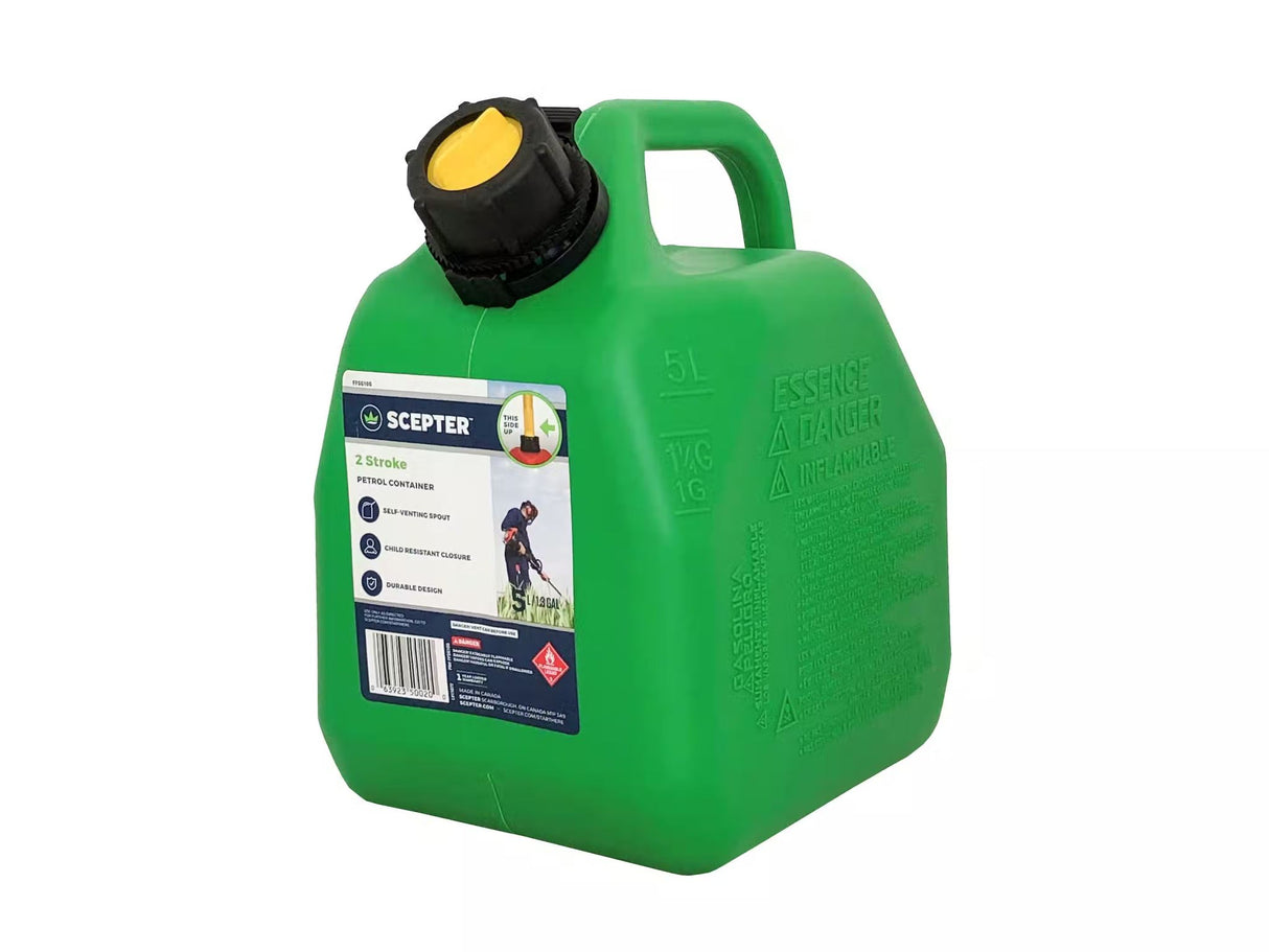 5-litre green petrol can with a pourer designed for 2-stroke fuel, rustproof and durable for outdoor equipment.