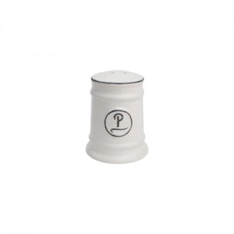 Elegant white ceramic pepper shaker with clean lines, perfect for any dining table setting.