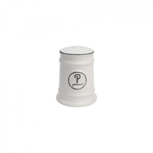 Elegant white ceramic pepper shaker with clean lines, perfect for any dining table setting.