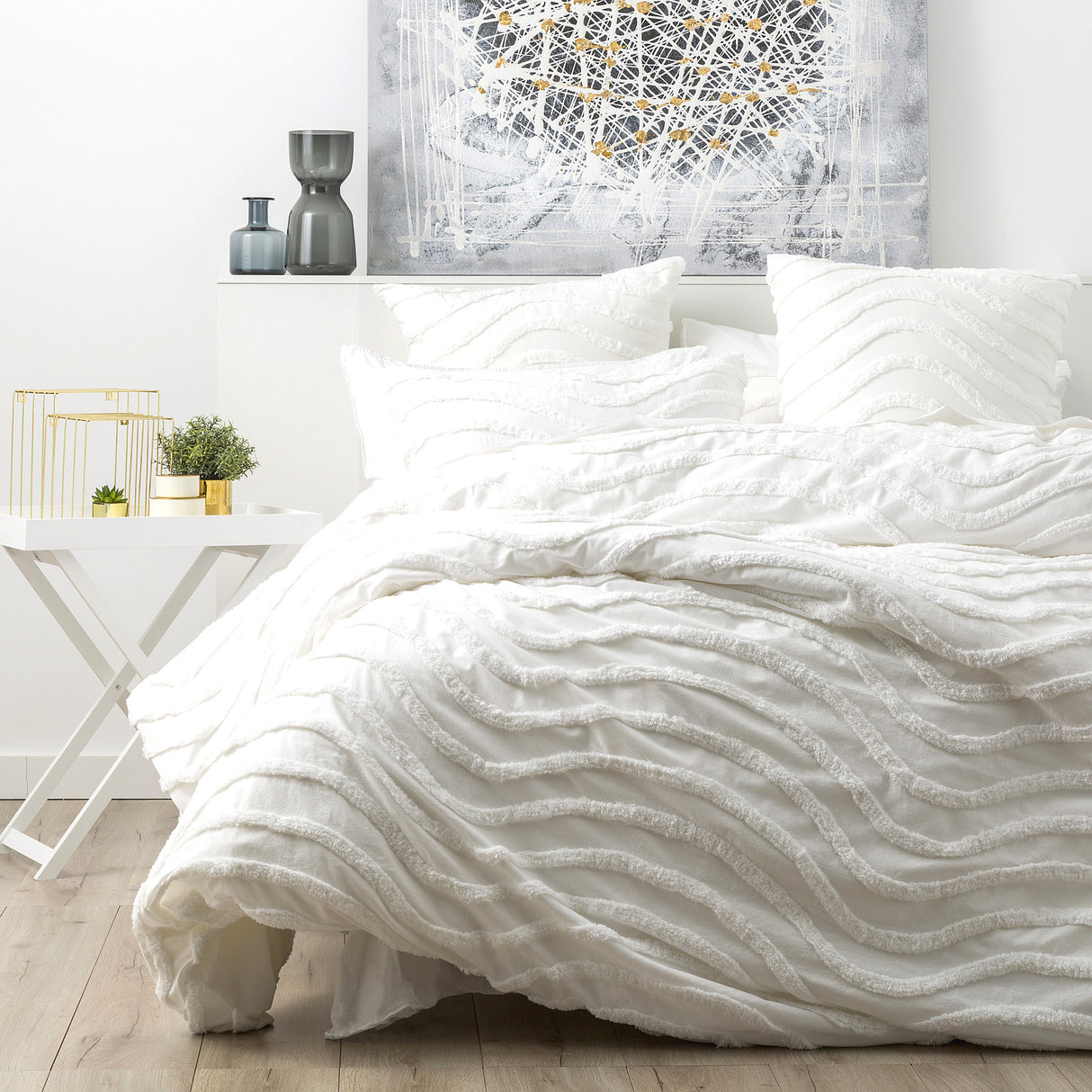 Wave 100% Cotton Chenille Vintage Quilt / Duvet cover Set Queen White