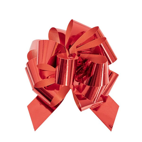 Metallic red ribbon pull bows in a pack of 5, perfect for adding elegance to gifts and decorations.