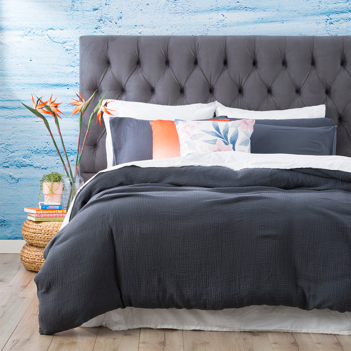 Solana Washed Cotton Textured Quilt / Duvet Cover Set King Blue