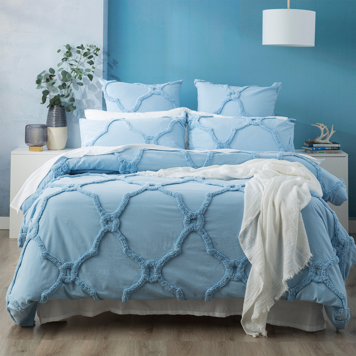 Moroccan 100% Cotton  Vintage washed Tufted Quilt / Duvet cover set Queen Sky