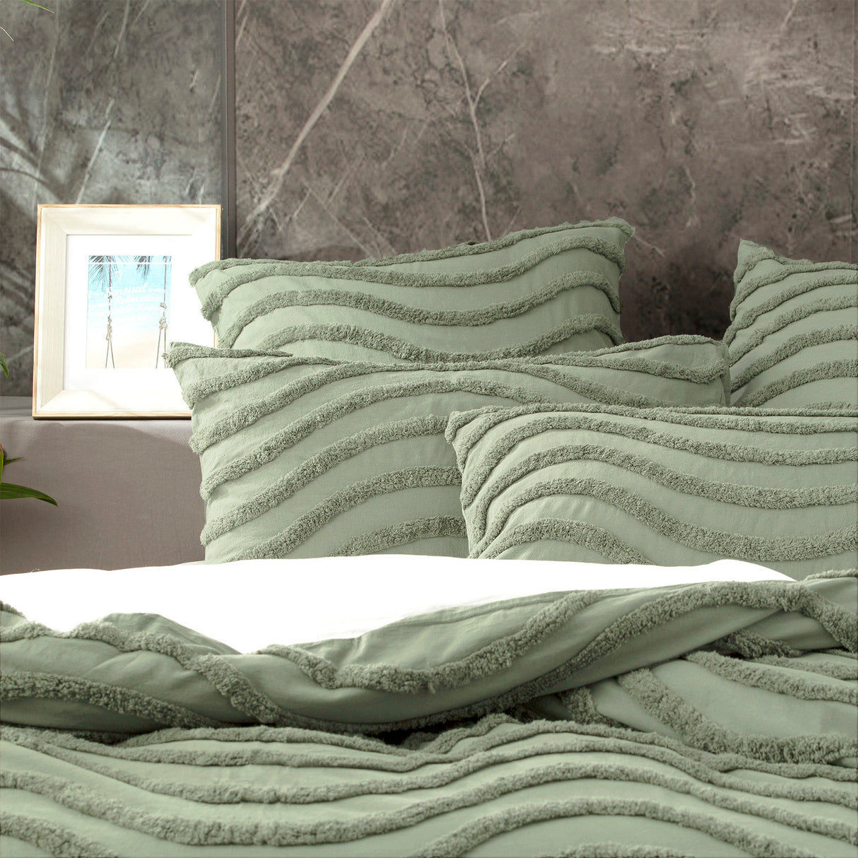 Wave 100% Cotton  Vintage washed tufted Quilt / Duvet cover Set Super King Sage
