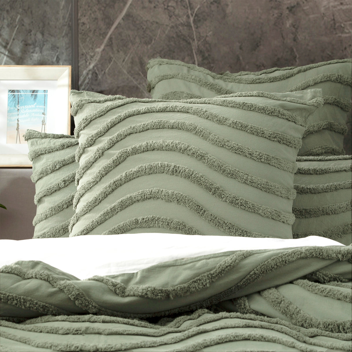 Wave 100% Cotton  Vintage washed tufted Quilt / Duvet cover Set Super King Sage