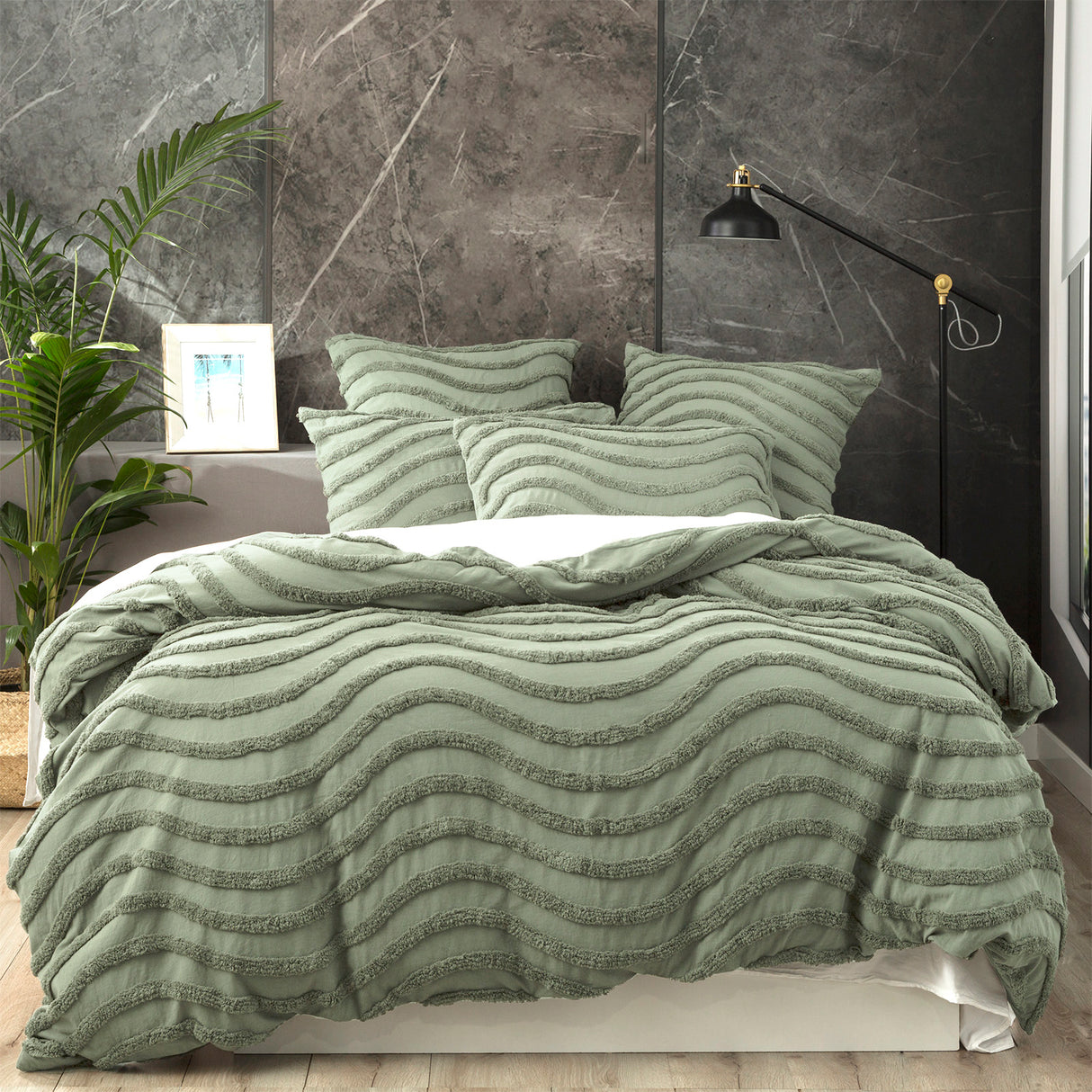 Wave 100% Cotton  Vintage washed tufted Quilt / Duvet cover Set King Sage