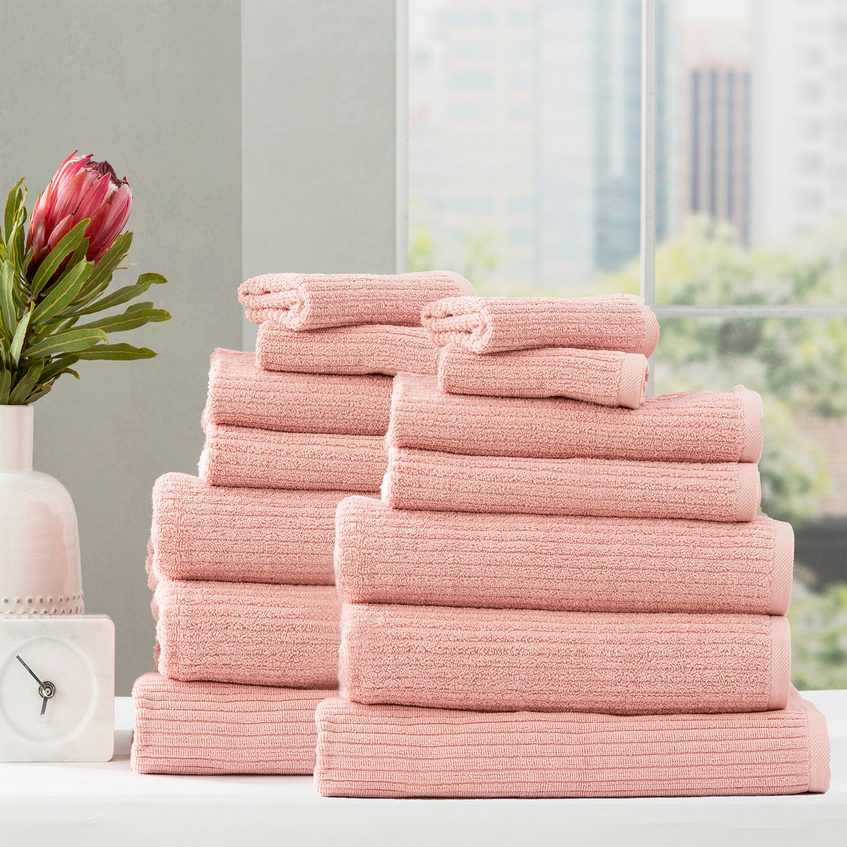 Renee Taylor Cobblestone 650 GSM Cotton Ribbed Towel Packs 14 Piece Blush