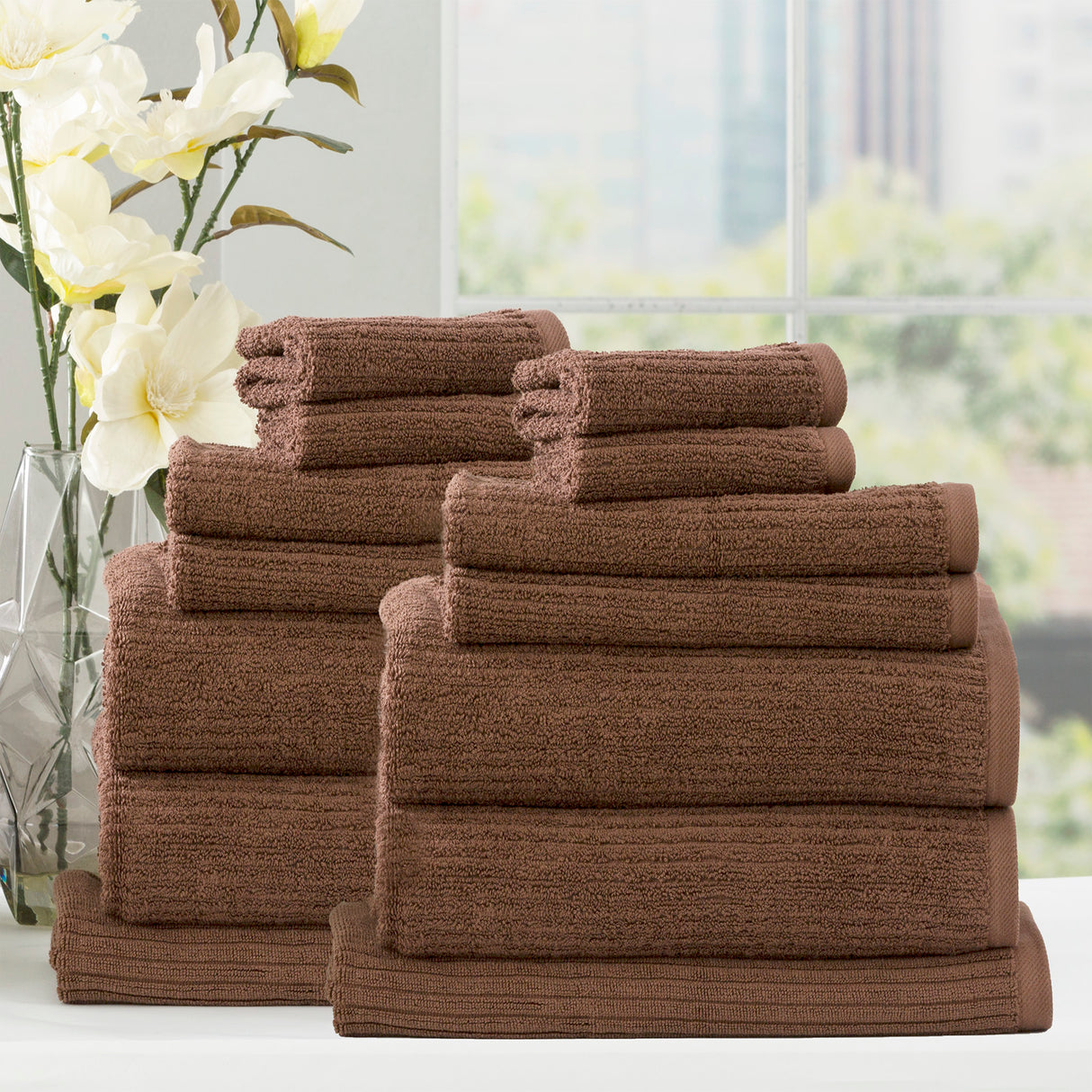Renee Taylor Cobblestone 650 GSM Cotton Ribbed Towel Packs 14 Piece Toffee