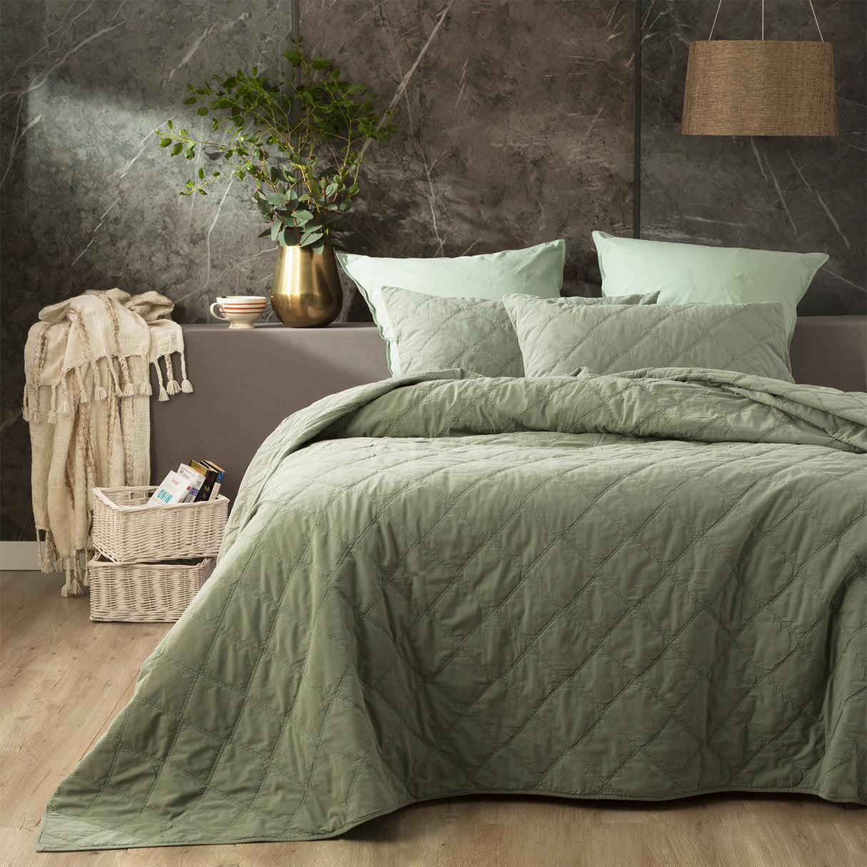 Attwood Vintage Stone Washed Cotton Quilted Coverlet set Super King Fern