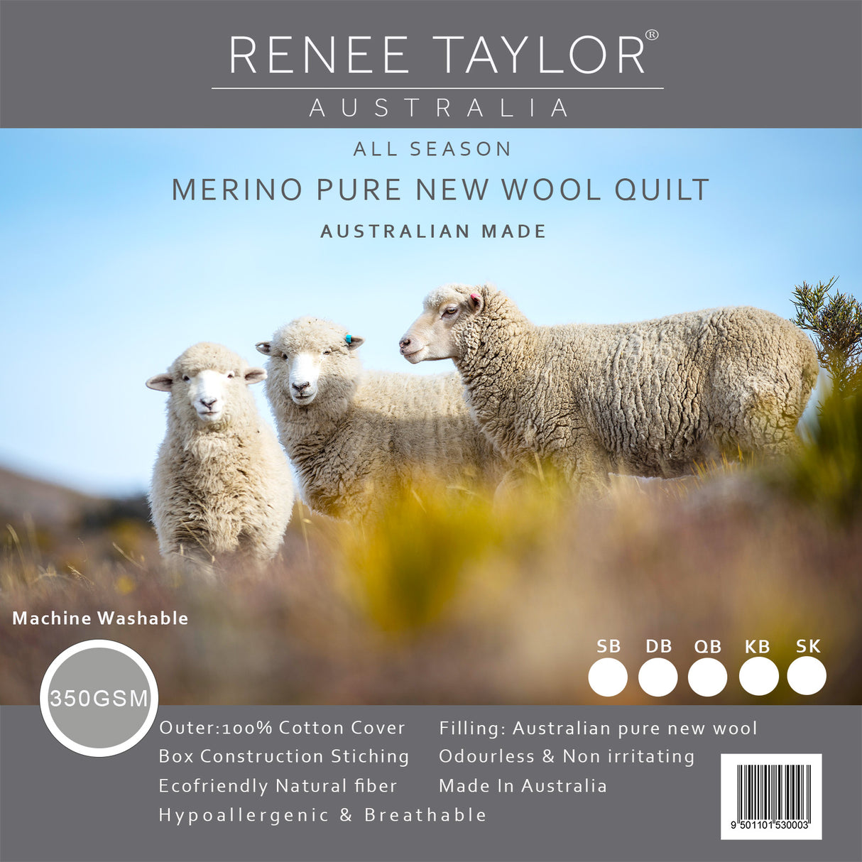Renee Taylor Australian Pure Merino Wool Quilt / Duvet 350 GSM Single Bed