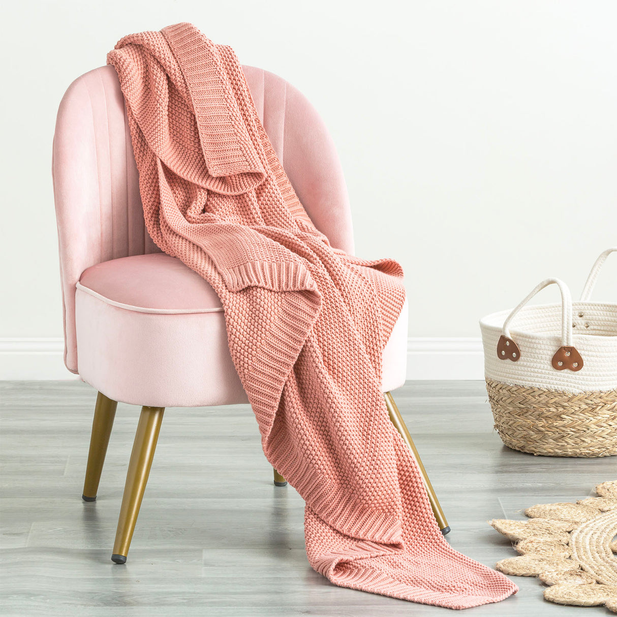 Renee Taylor Moss Seed Stitch 100% Cotton Knitted Throw 130 x 170cms Rose