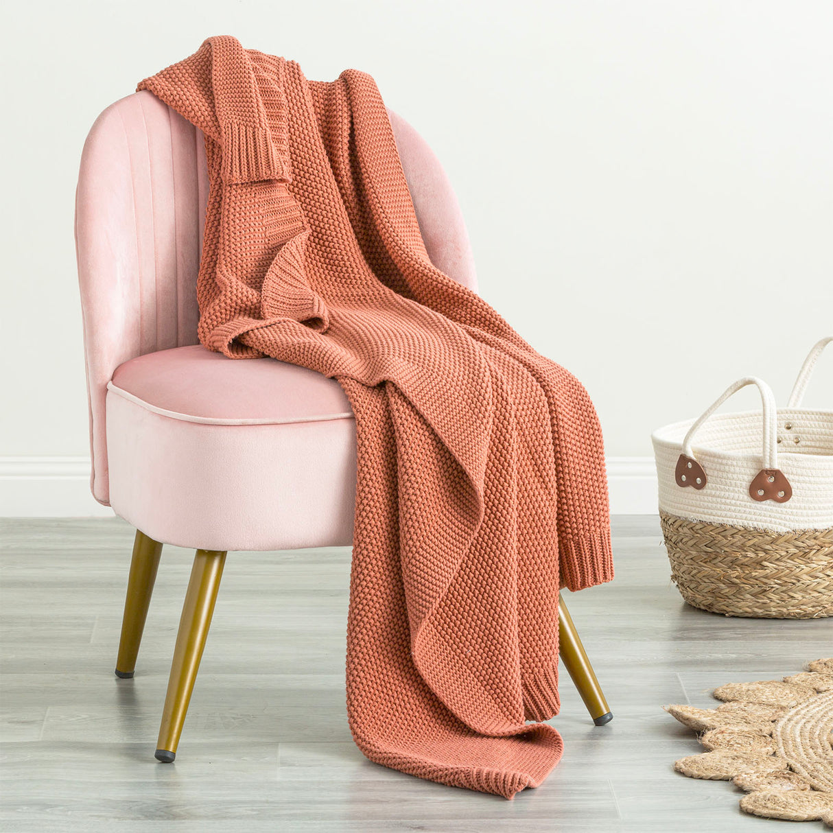 Renee Taylor Moss Seed Stitch 100% Cotton Knitted Throw 130 x 170cms Rust