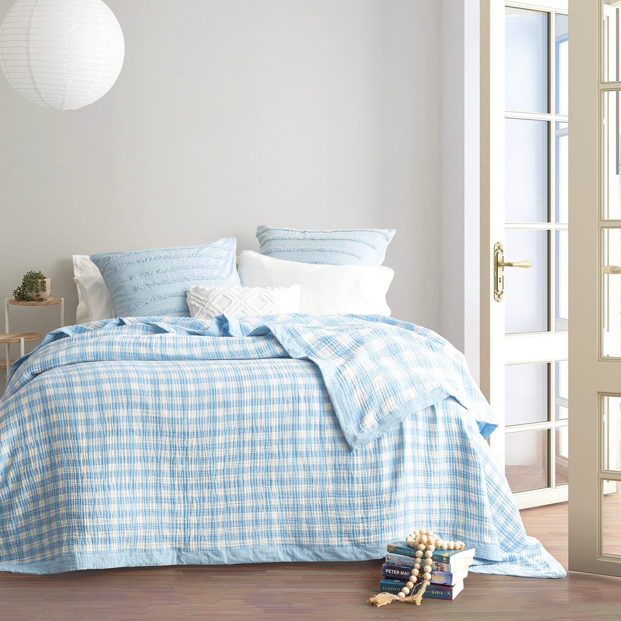 Gingham Washed Cotton Revesible Textured Blanket Queen/King French Blue
