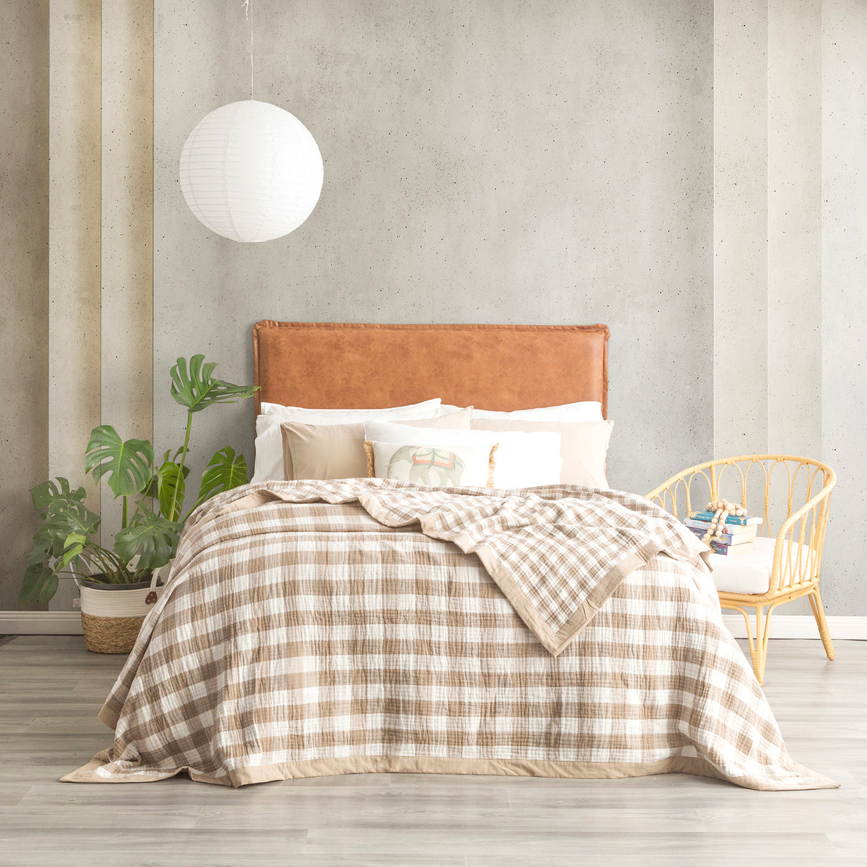 Gingham Washed Cotton Yarn Dyed Revesible Textured Blanket Single/Double Tan