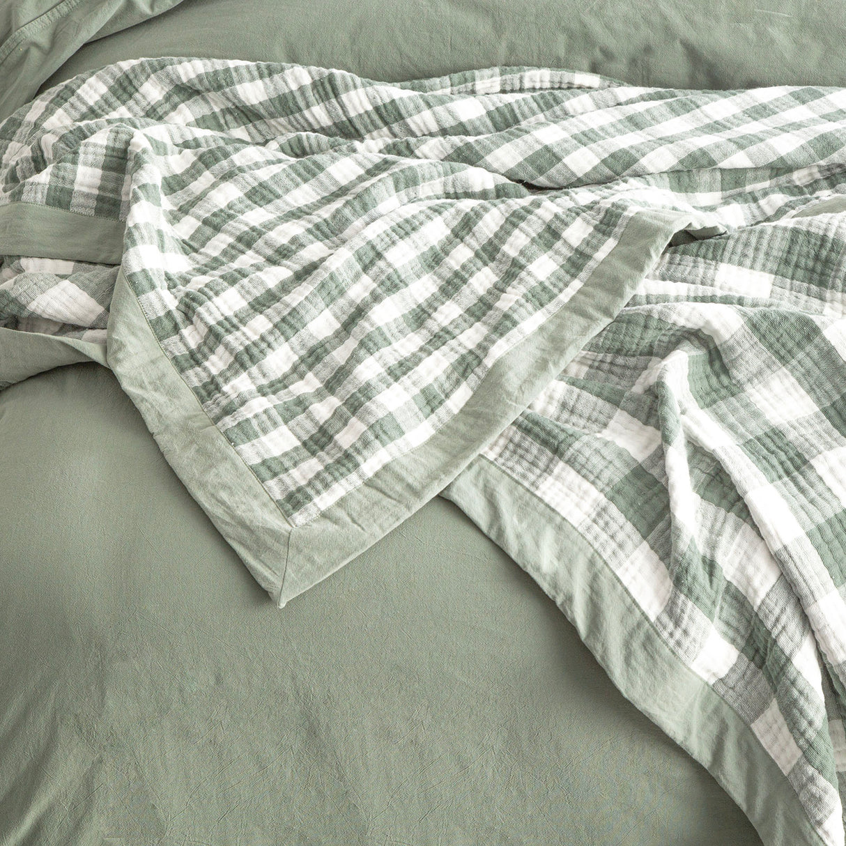 Gingham Washed Cotton Yarn Dyed Revesible Textured Blanket Queen/King Emerald
