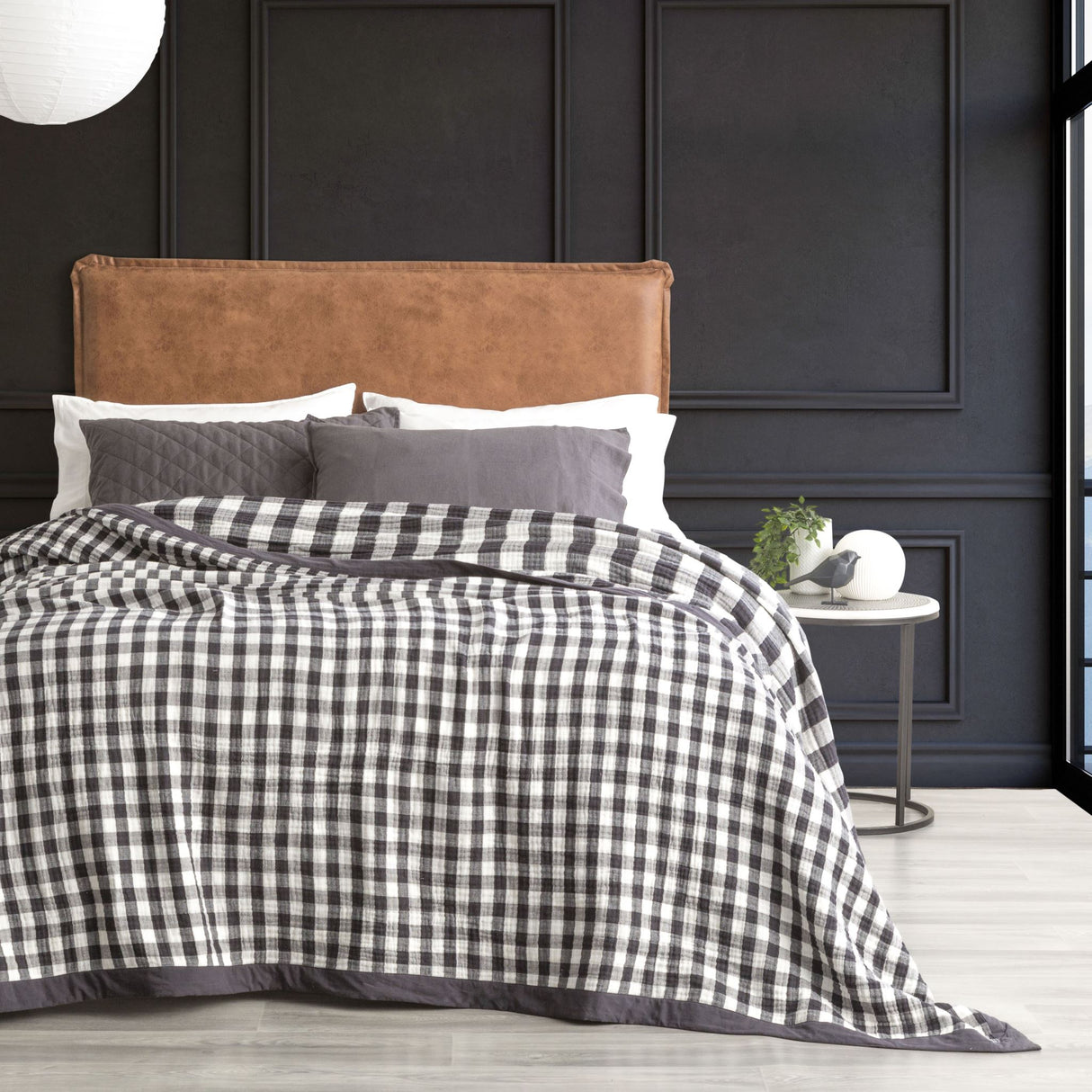 Gingham Washed Cotton Yarn Dyed Revesible Textured Blanket Queen/King Ash