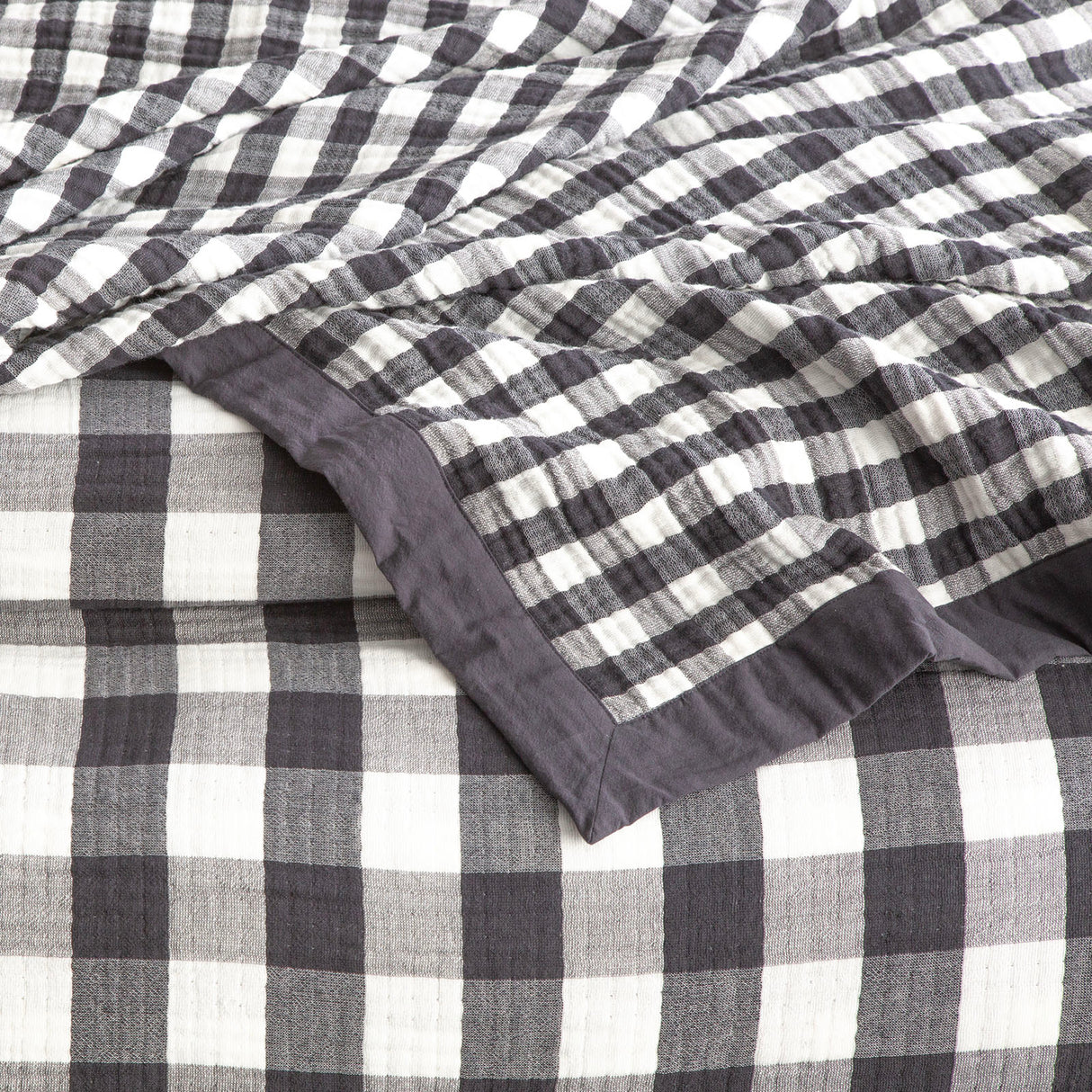 Gingham Washed Cotton Yarn Dyed Revesible Textured Blanket Queen/King Ash