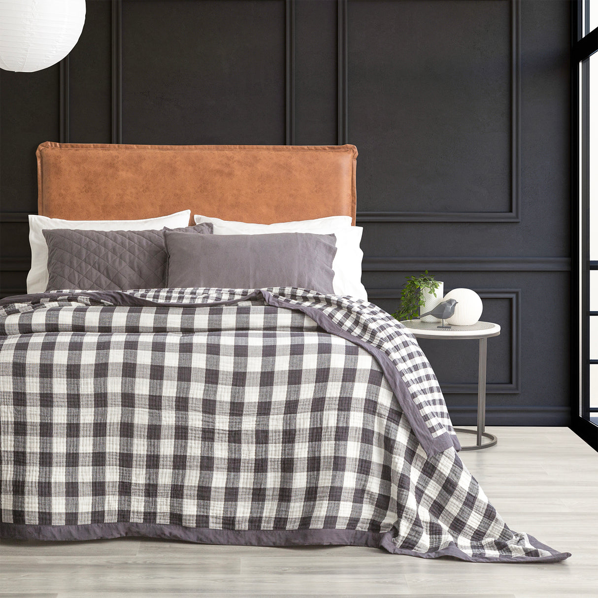 Gingham Washed Cotton Yarn Dyed Revesible Textured Blanket Queen/King Ash