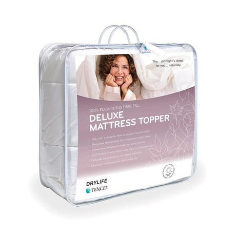 Soft cotton percale mattress protector with TENCEL fill for comfort, breathability, and moisture-wicking, hypoallergenic design.