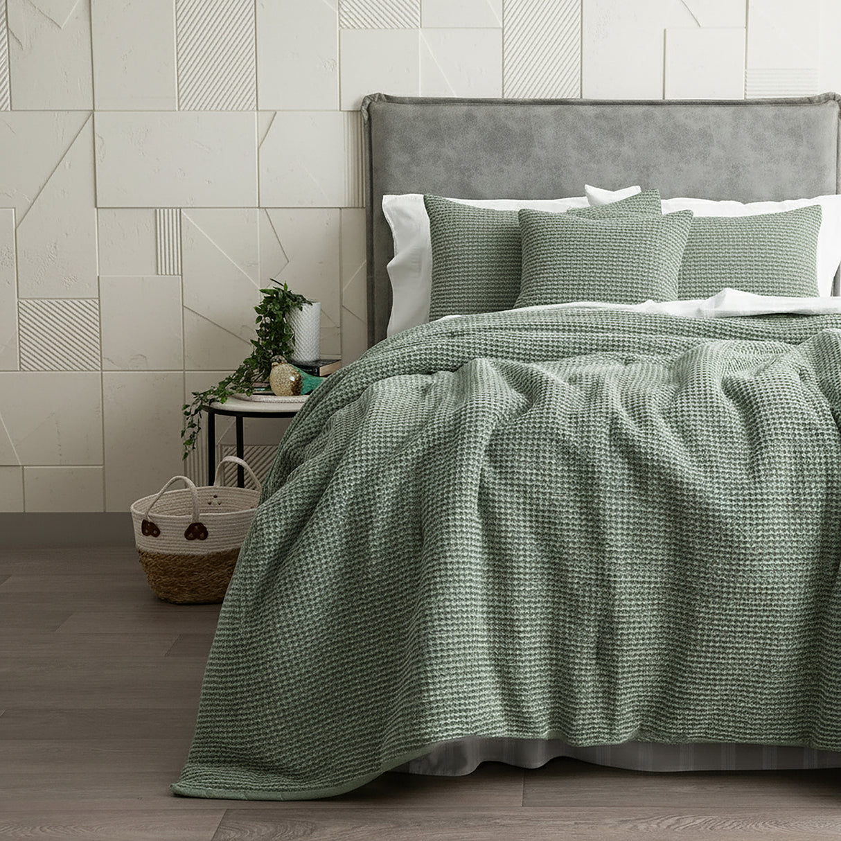 Cloud Linen Boronia Stone Washed Cotton Waffle Comforter Set Double/Queen Moss