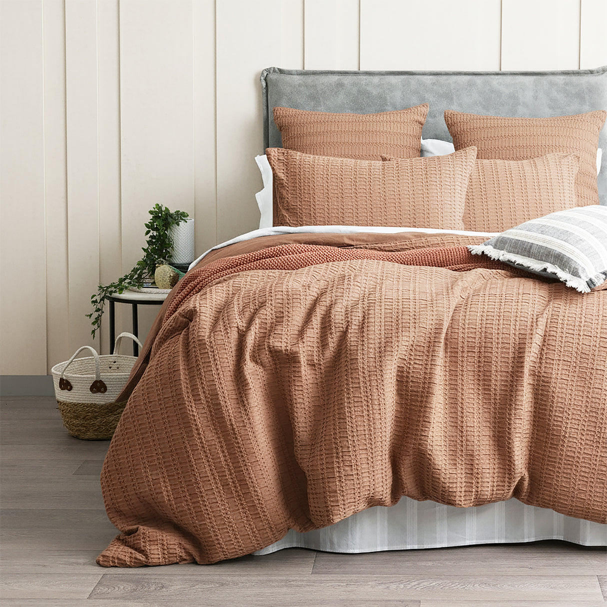 Cloud Linen Celeste Seersucker Cotton Waffle Quilt Cover Set Queen Rust