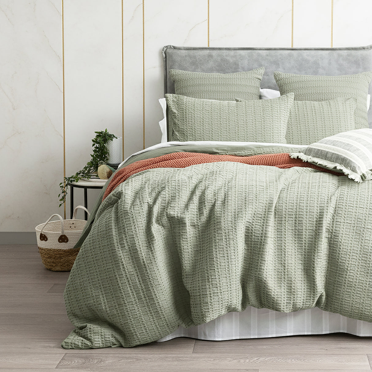 Cloud Linen Celeste Seersucker Cotton Waffle Quilt Cover Set King Sage