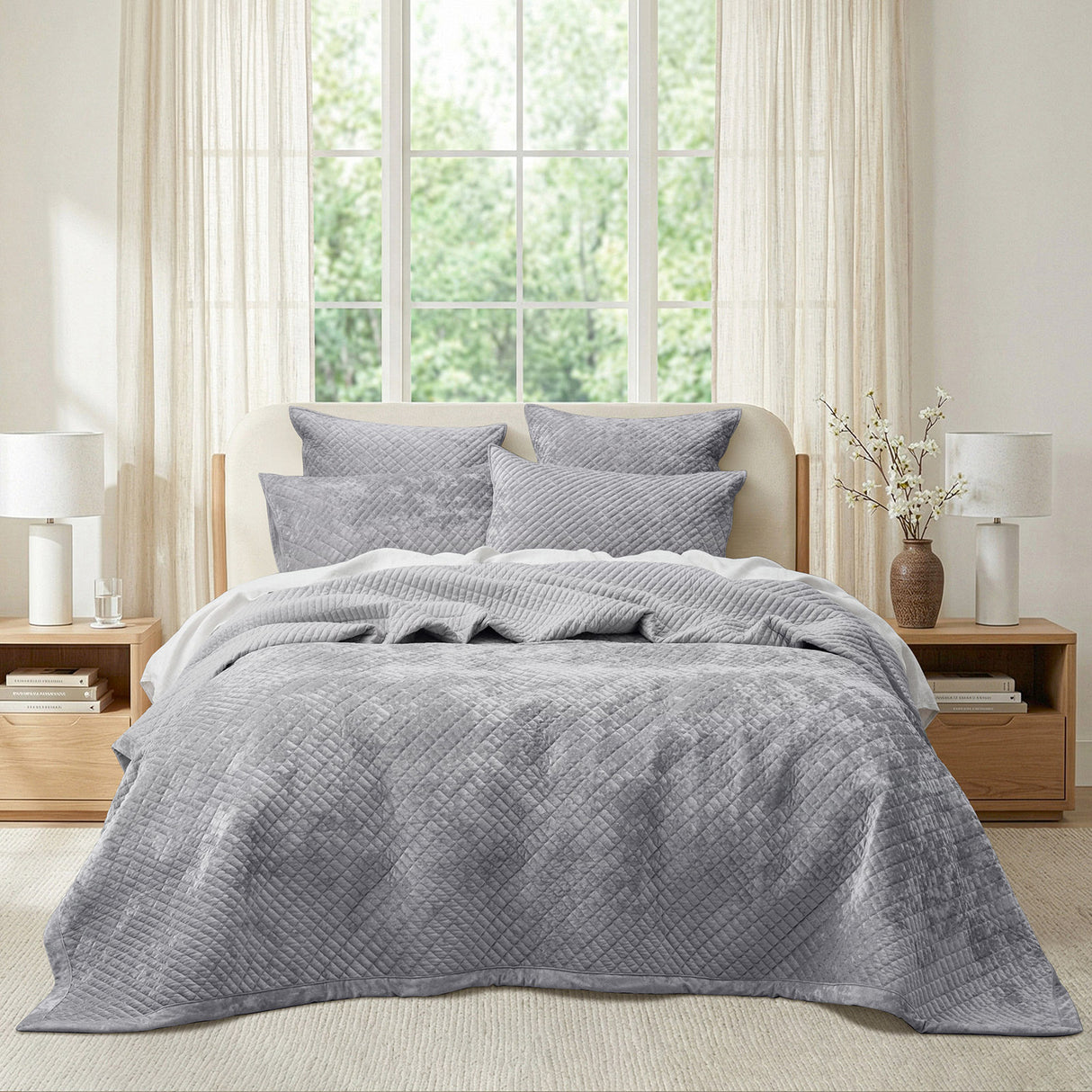 Renee Taylor Archie Cross Stitch Velvet Coverlet Set Single/Double Silver Line