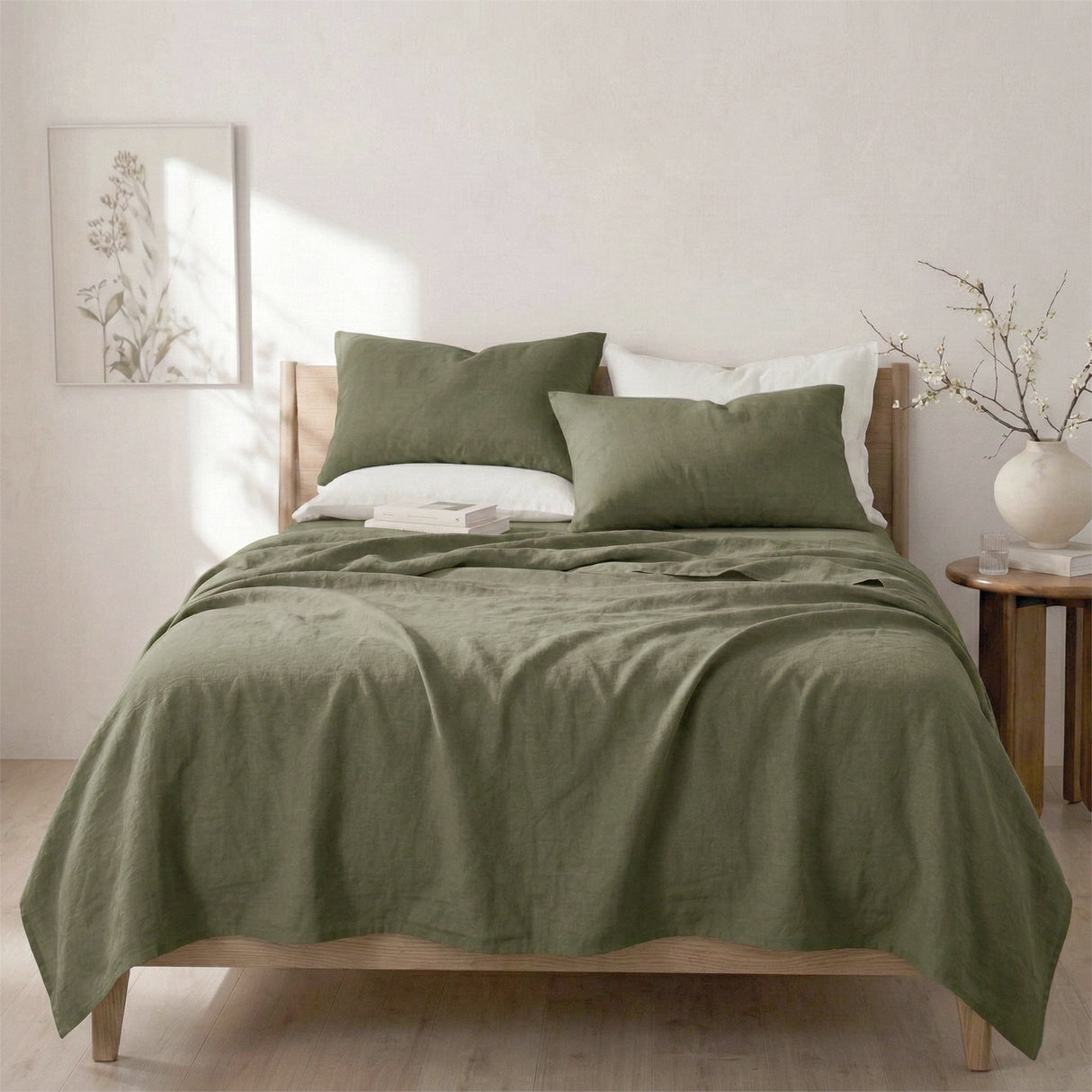 Renee Taylor Washed Linen Cotton Sheet Set Queen Leaf