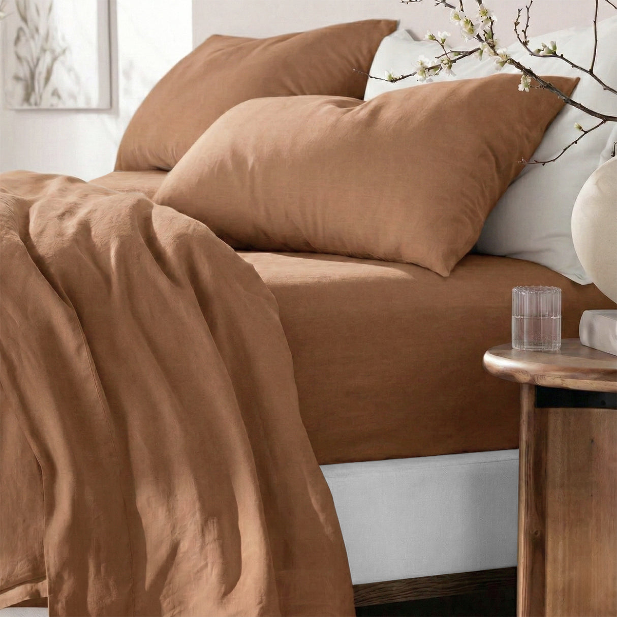 Renee Taylor Washed Linen Cotton Sheet Set Queen Terracotta