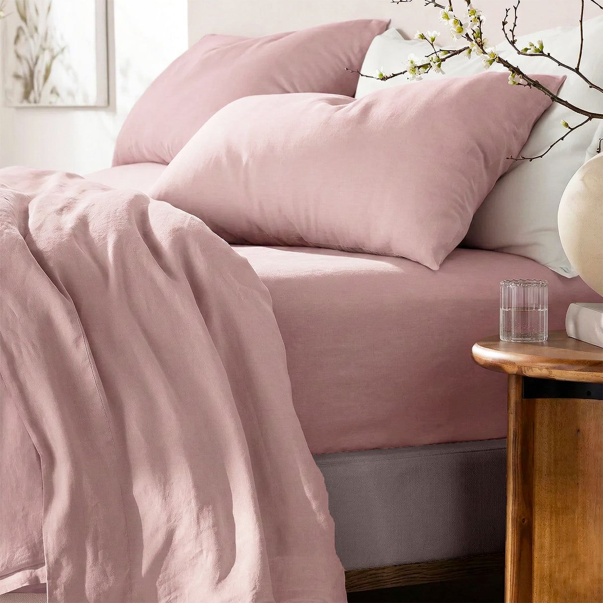 Renee Taylor Washed Linen Cotton Sheet Set Queen Woodrose