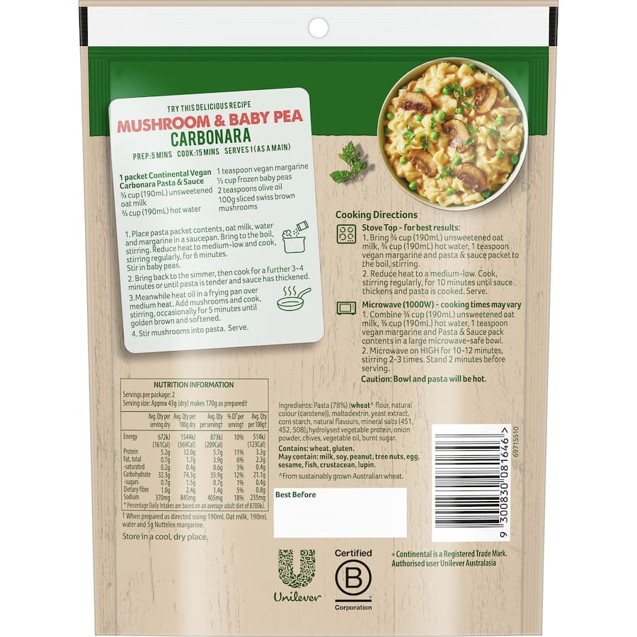 Continental Pasta & Sauce Carbonara Vegan 85g