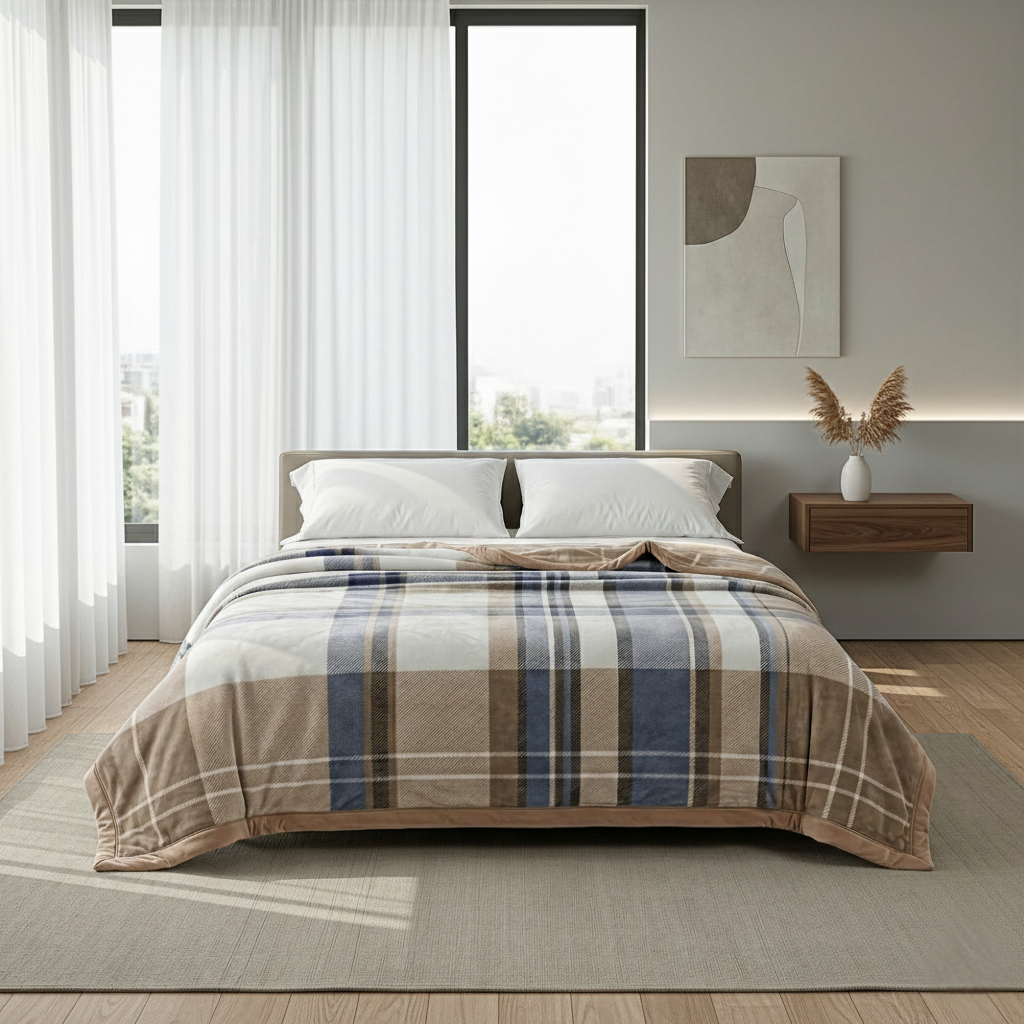 100 % Acrylic Super Soft Heavy Weight Printed Mink Blanket 220 x 240cms Grid