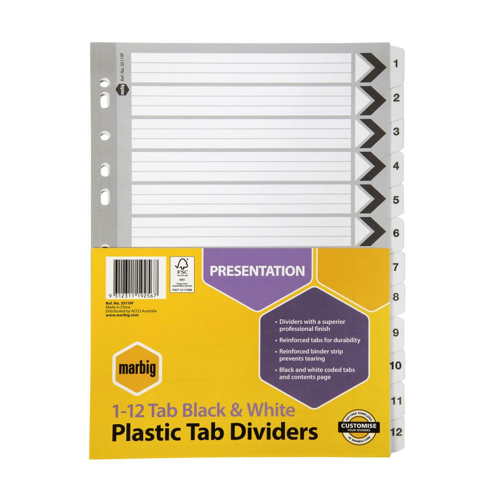 Marbig Dividers - Reinforced 10tab Black/White A4