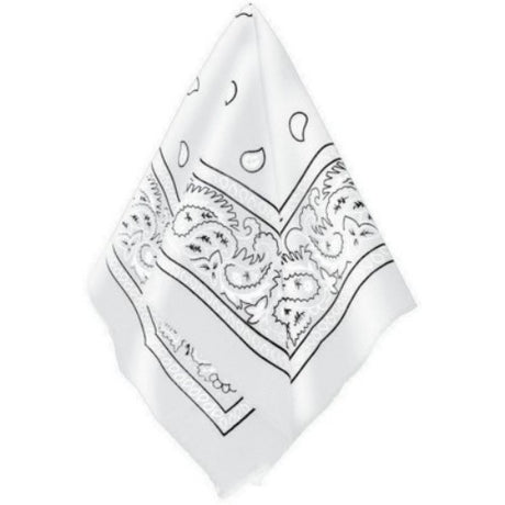 Stylish white bandana, 20" x 20", versatile accessory for head, neck, and bag, perfect for any occasion.