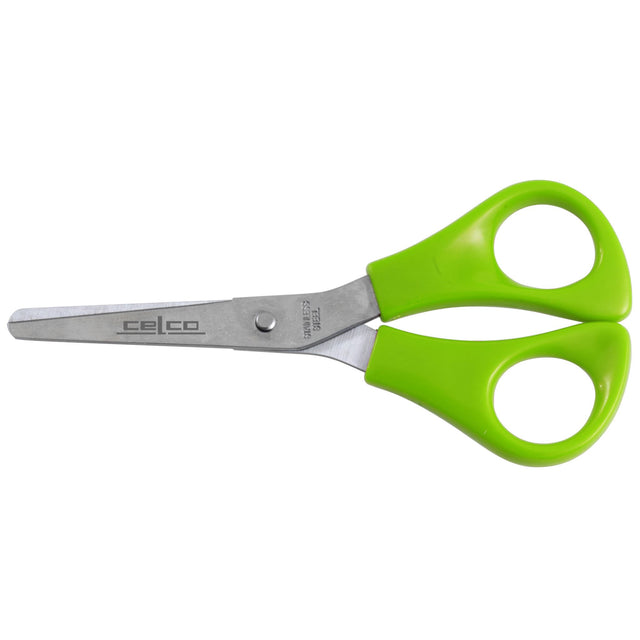 Pack of 12 kid-friendly green left-hand scissors with stainless steel blades and safety blunt tips.