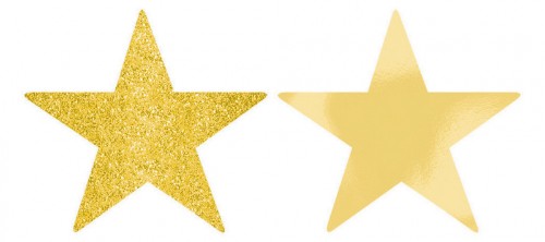 Gold foil and glitter star cutouts, 5 inches, perfect for party decor, crafts, and festive celebrations, pack of 5.