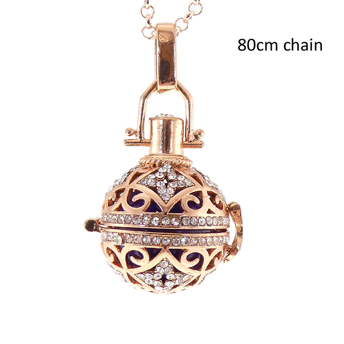 Rose gold angel caller necklace with diamante locket, 80cm adjustable chain, chiming sound, elegant and meaningful.