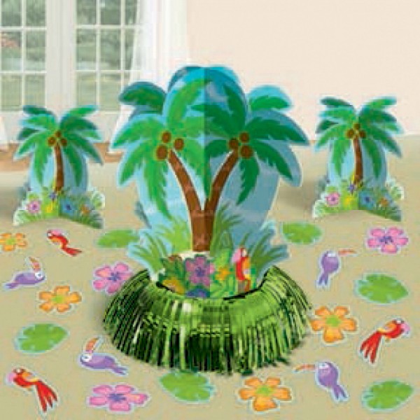 Vibrant Table Decorations Kit featuring palm tree centerpieces and colorful confetti for tropical-themed celebrations.